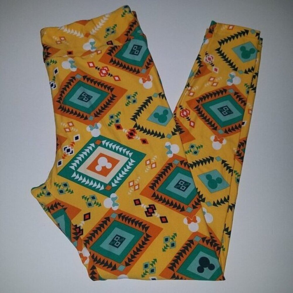 LuLaRoe Disney Mickey Minnie Mouse Leggings TC Yellow Orange Green White Aztec